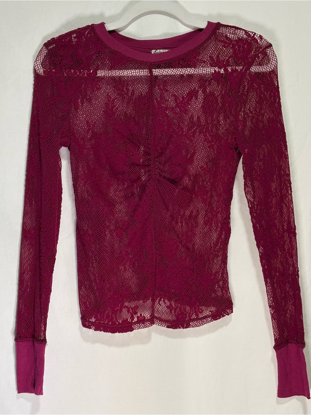 Intimately Free People Burgundy Floral Lace Ruched Bust Long Sleeve Top